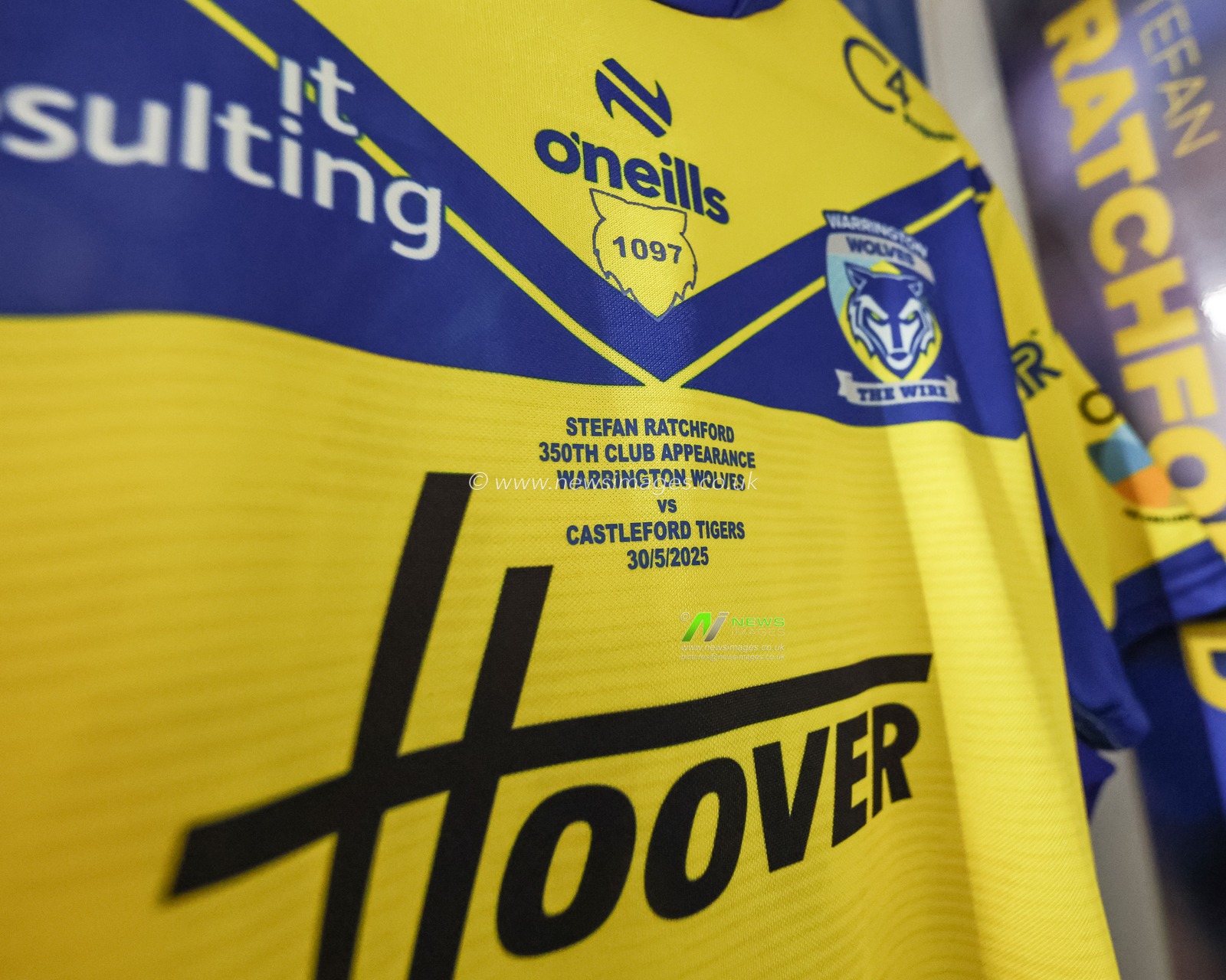 The shirt and locker of Stefan Ratchford as he makes his 350th club appearance for Warrington Wolves during the Betfred Super League Round 13 match Warrington Wolves vs Castleford Tigers at Halliwell Jones Stadium, Warrington, United Kingdom, 30th May 2025

(Photo by Mark Cosgrove/News Images)