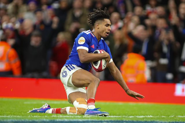 Theo Attissogbe of France scores a try for his team during the Guinness Six Nations match Wales vs France at Principality Stadium, Cardiff, United Kingdom, 15th February 2026

(Photo by Andrew Lewis/News Images)