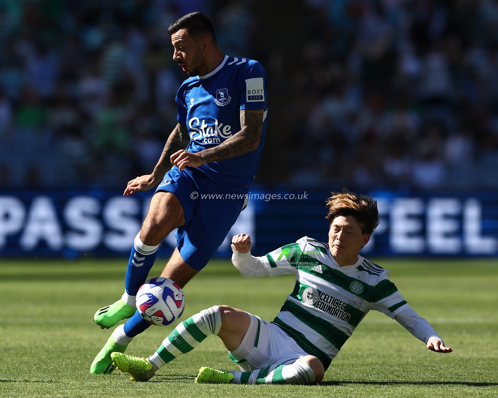 Kyogo Furuhashi of Celtic FC tackles Georgios Giakoumakis of Celtic FC during the Sydney Super Cup match Celtic vs Everton at Accor Stadium, Sydney, Australia, 20th November 2022

(Photo by Patrick Hoelscher/News Images)