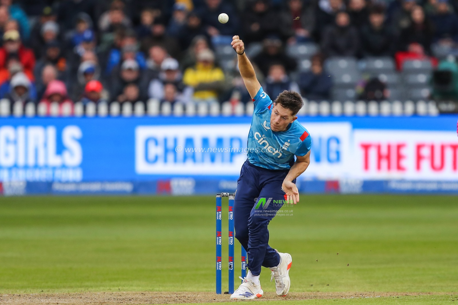 Matthew Potts of England delivers the ball during the Fifth Metro Bank One Day International match England vs Australia at Seat Unique Stadium, Bristol, United Kingdom, 29th September 2024

(Photo by Gareth Evans/News Images)