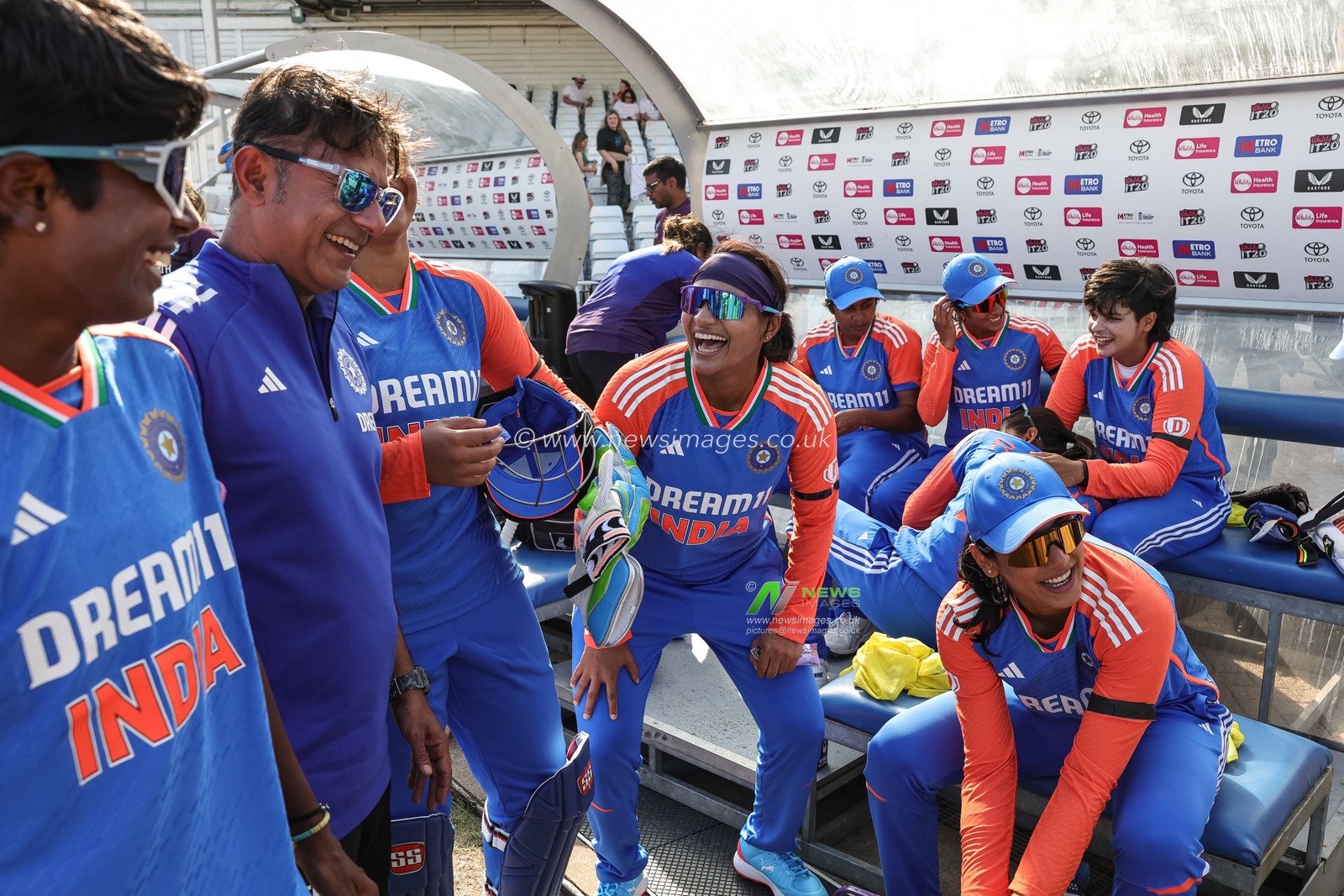 Smriti Mandhana of India and Sneh Rana of India celebrates the win during the 1st Vitality IT20 England Women vs India Women at Trent Bridge, Nottingham, United Kingdom, 28th June 2025

(Photo by Mark Cosgrove/News Images)