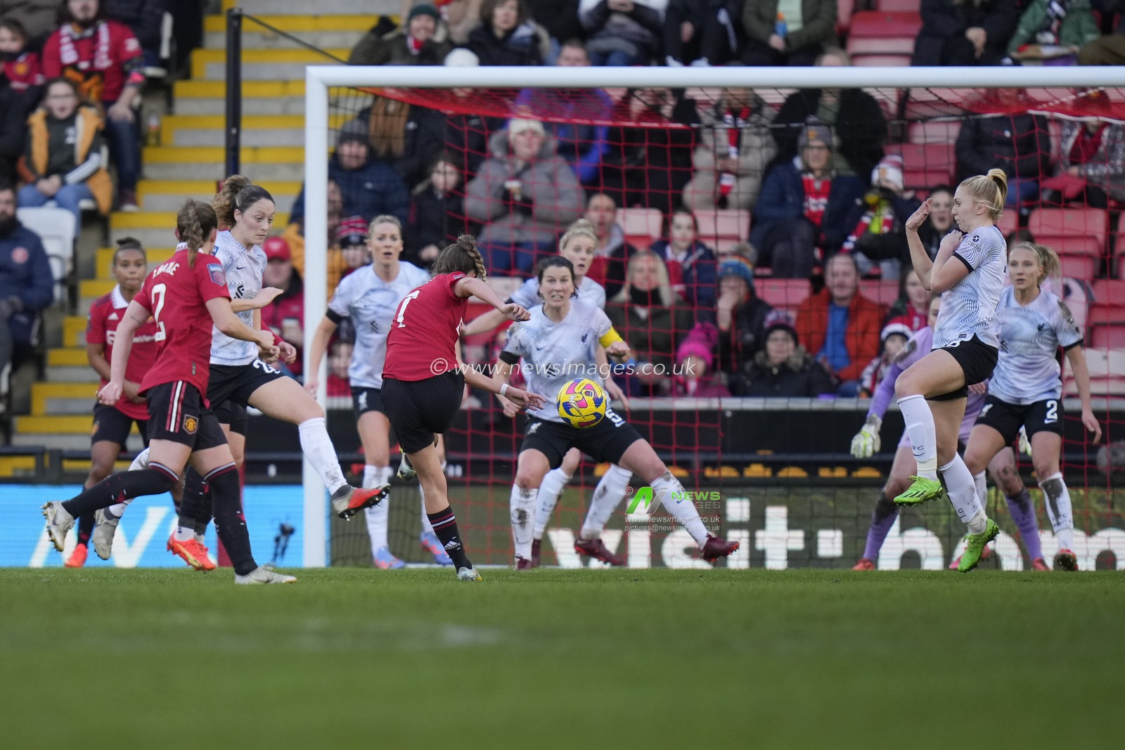 Ella Toone #7 of Manchester United drives a shot at the Liverpool Women goal during the The Fa Women's Super League match Manchester United Women vs Liverpool Women at Leigh Sports Village, Leigh, United Kingdom, 15th January 2023

(Photo by Steve Flynn/News Images)
