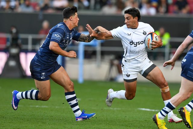 Santi Carreras of Bath Rugby hands off Louis Rees-Zammit of Bristol Bears during the Gallagher Premiership match Bristol Bears vs Bath at Ashton Gate, Bristol, United Kingdom on 29 May 2026

(Photo by Alex Williamson/News Images)