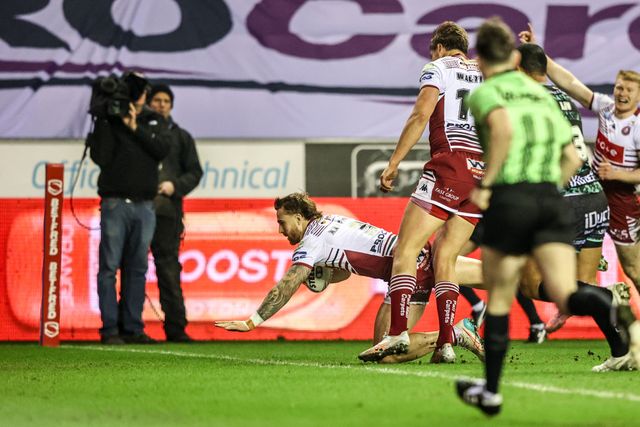 Adam Keighran of Wigan Warriors goes over for a try during the Betfred Super League match Wigan Warriors vs Leigh Leopards at The Brick Community Stadium, Wigan, United Kingdom on 26 February 2026

(Photo by Alfie Cosgrove/News Images)