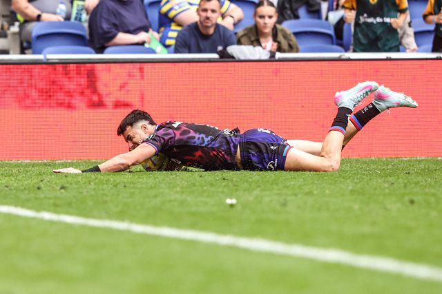 David Armstrong of Leigh Leopards goes over for a try during the Betfred Super League Magic Weekend match Leigh Leopards vs Warrington Wolves at Leigh Sports Village, Leigh, United Kingdom on 04 July 2026

(Photo by Alfie Cosgrove/News Images)