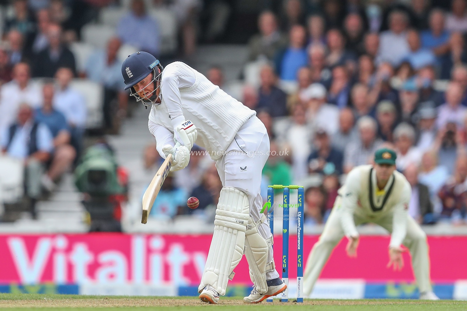 Jonny Bairstow of England plays a safety shot during the LV= Insurance Ashes Fifth Test Series Day One England v Australia at The Kia Oval, London, United Kingdom, 27th July 2023

(Photo by Gareth Evans/News Images)