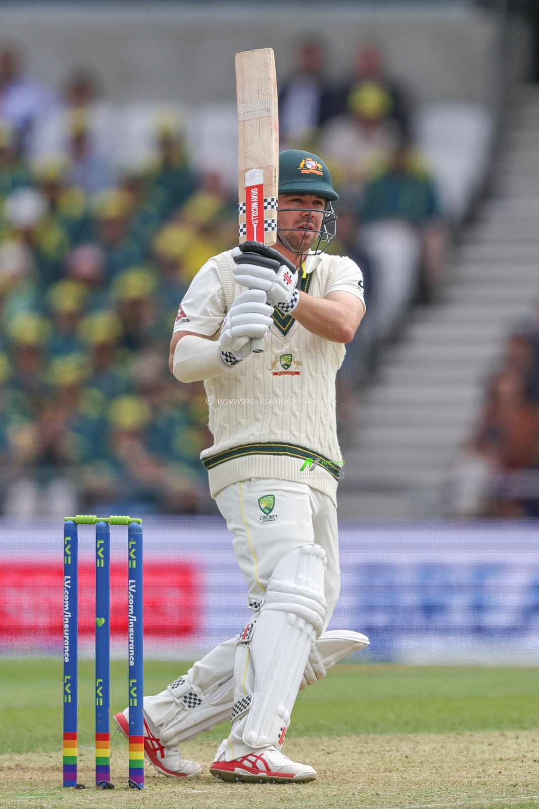 Travis Head of Australia watches the ball as it is fielded by Ben Stokes of England during the LV= Insurance Ashes Third Test Series Day 1 England v Australia at Headingley Stadium, Leeds, United Kingdom, 6th July 2023

(Photo by Mark Cosgrove/News Images)