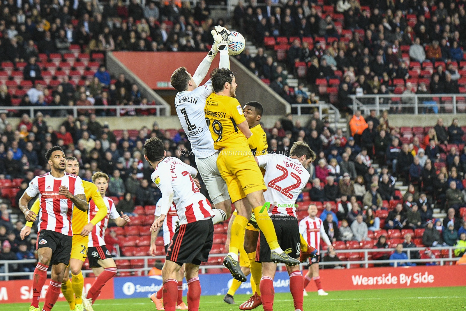 2nd November 2019, Stadium Of Light, Sunderland, England; Sky Bet League 1, Sunderland v Southend United : Jon McLaughlin of Sunderland jumps to catch the ball is fouled by Joe Shaughnessy of Southend United

Credit: Iam Burn/News Images