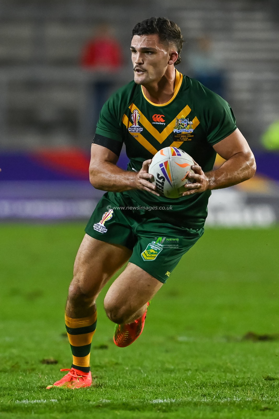 Nathan Cleary of Australia makes a break during the Rugby League World Cup 2021 match Australia vs Italy at Totally Wicked Stadium, St Helens, United Kingdom, 29th October 2022

(Photo by Craig Thomas/News Images)