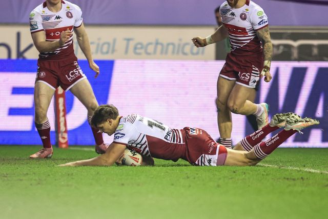Sam Walters of Wigan Warriors goes over for a try during the Betfred Super League match Wigan Warriors vs Hull FC at The Brick Community Stadium, Wigan, United Kingdom on 21 February 2026

(Photo by Alfie Cosgrove/News Images)