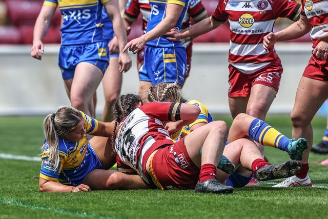 Megan Williams of Wigan Warriors goes over for a try during the Betfred Women's Challenge Cup Cup Semi-final match Leeds Rhinos vs Wigan Warriors at LNER Community Stadium, York, United Kingdom, 10th May 2025

(Photo by Alfie Cosgrove/News Images)