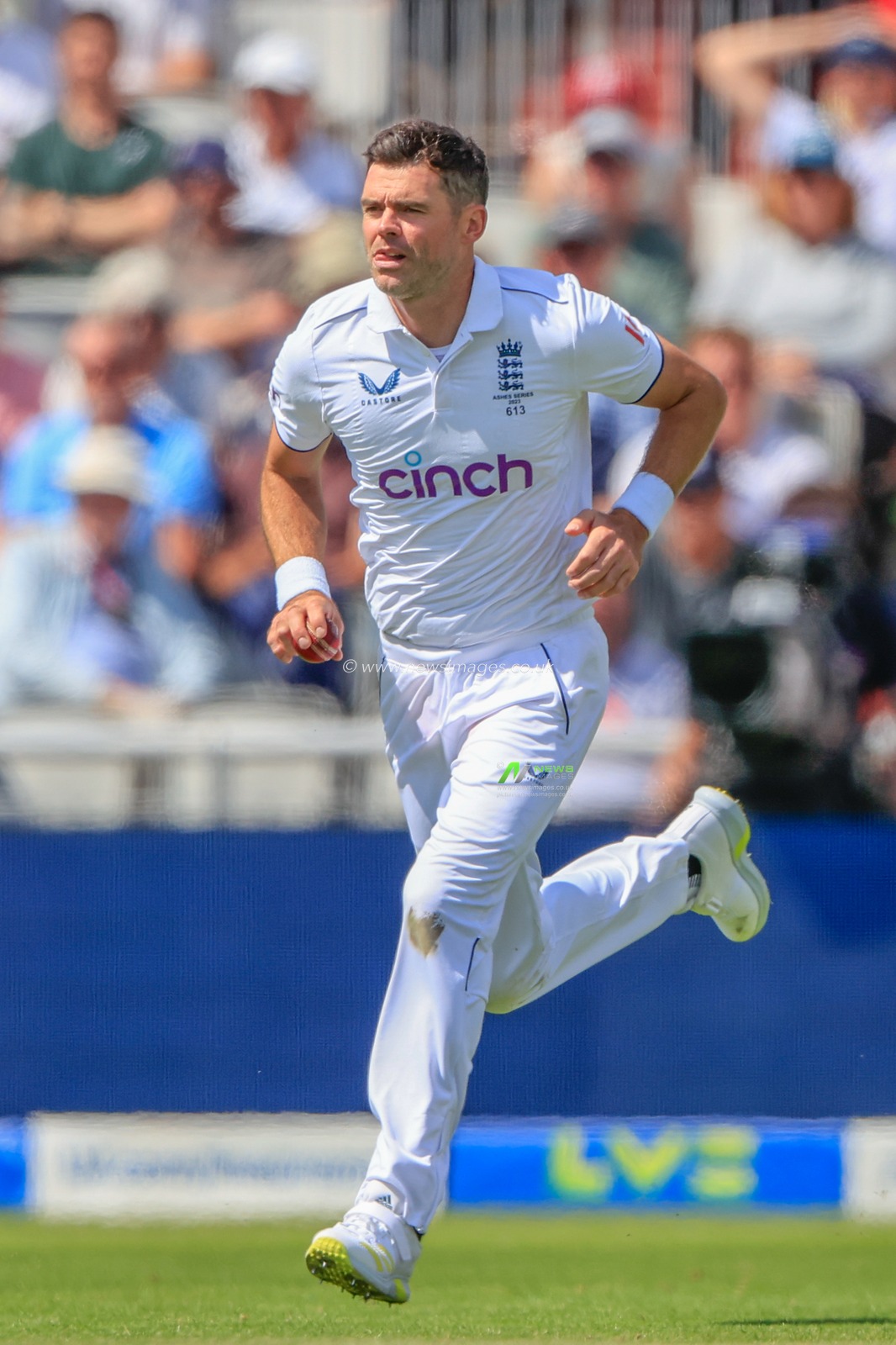 James Anderson of England bowling for England during the LV= Insurance Ashes Fourth Test Series Day One England vs Australia at Old Trafford, Manchester, United Kingdom, 19th July 2023

(Photo by Conor Molloy/News Images)