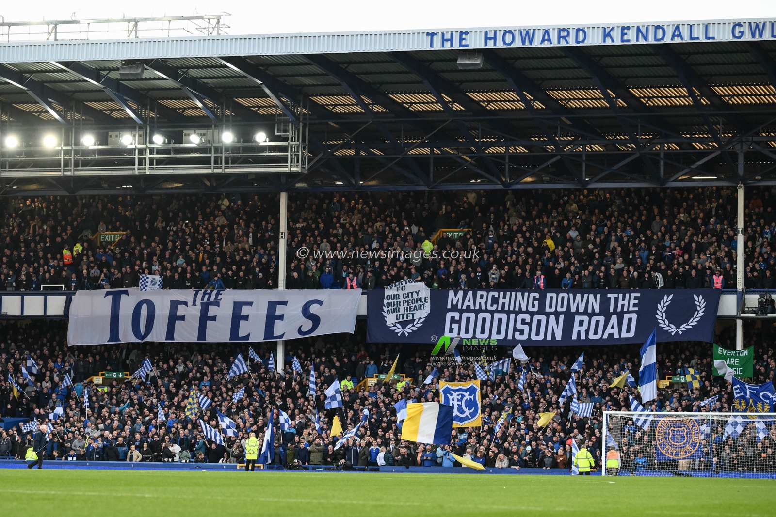 Everton fans with banners and flags at kickoff during the Premier League match Everton vs Liverpool at Goodison Park, Liverpool, United Kingdom, 24th April 2024

(Photo by Craig Thomas/News Images)