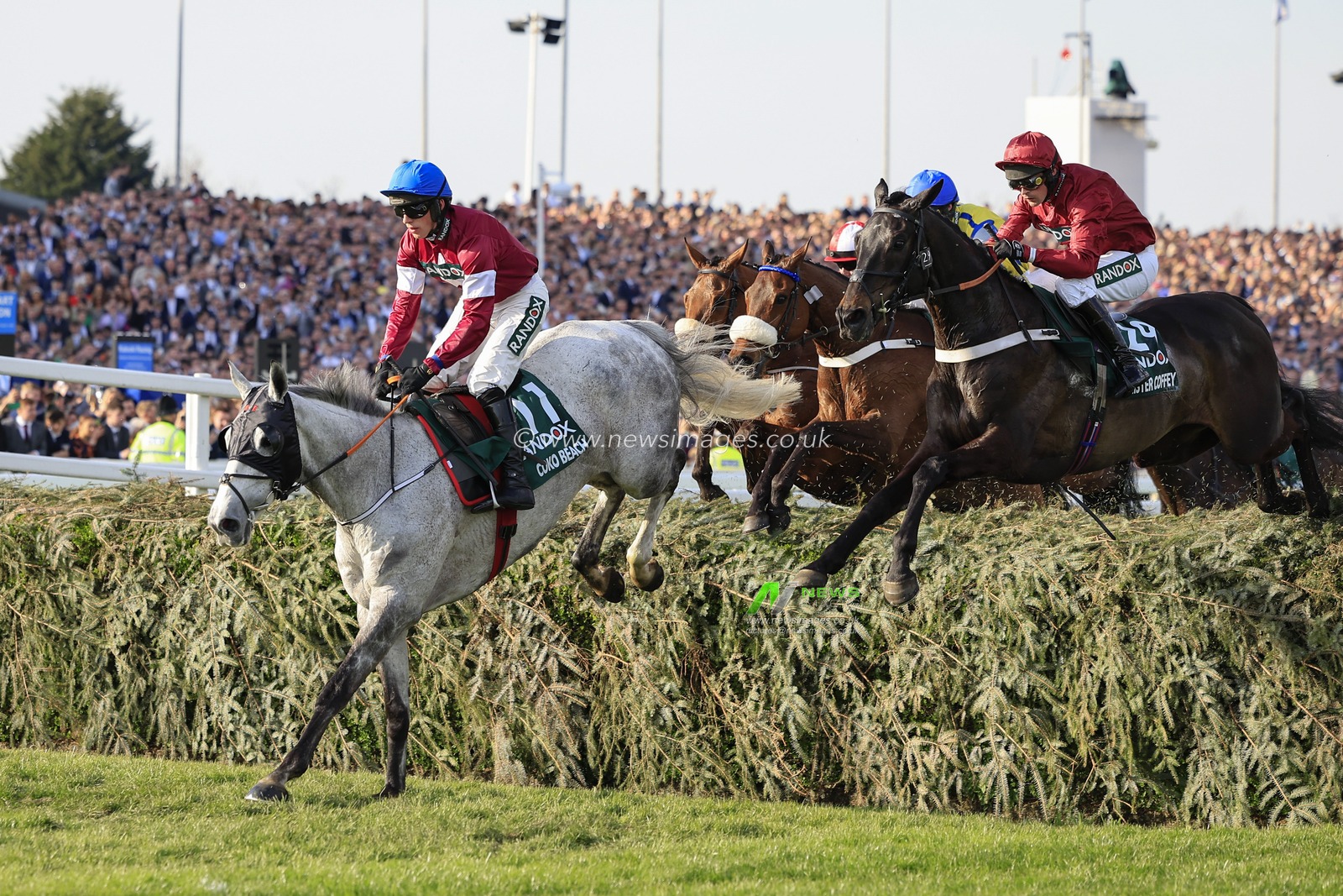 Coco Beach ridden by Harry Cobden leads them over the water jump in The Randox Grand National Handicap Chase at The Randox Grand National festival 2023 Grand National Day at Aintree Racecourse, Liverpool, United Kingdom, 15th April 2023

(Photo by Conor Molloy/News Images)