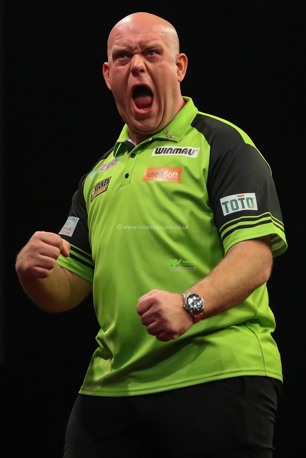 Michael Van Gerwen celebrates winning a leg during the 2023 Cazoo PDC Premier League Darts Night 10 at Utilita Arena Birmingham, Birmingham, United Kingdom, 6th April 2023

(Photo by Gareth Evans/News Images)