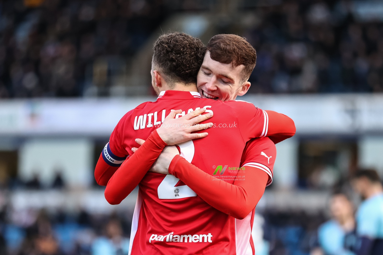 Conor Grant of Barnsley celebrates his goal to make it 2-4 with Jordan Williams of Barnsley during the Sky Bet League 1 match Wycombe Wanderers vs Barnsley at Adams Park, High Wycombe, United Kingdom, 2nd March 2024

(Photo by Mark Cosgrove/News Images)