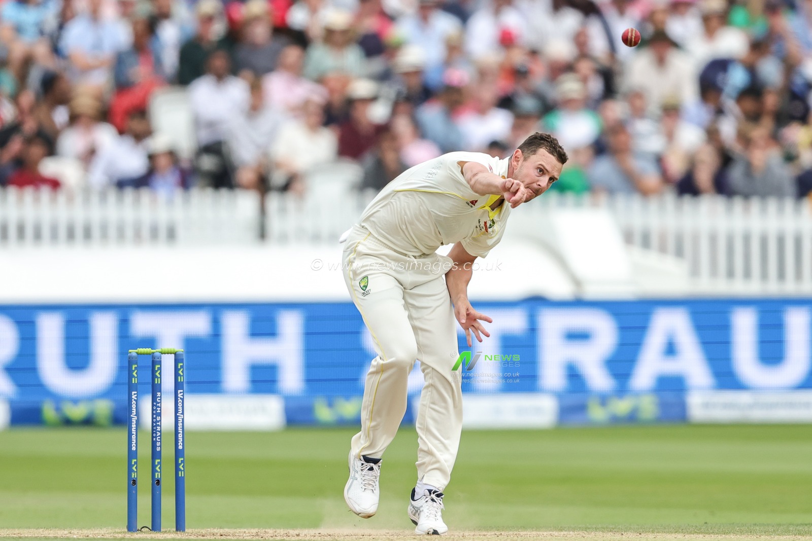 Josh Hazlewood of Australia delivers the ball during the LV= Insurance Ashes Test Series Second Test Day 5 England v Australia at Lords, London, United Kingdom, 2nd July 2023

(Photo by Mark Cosgrove/News Images)