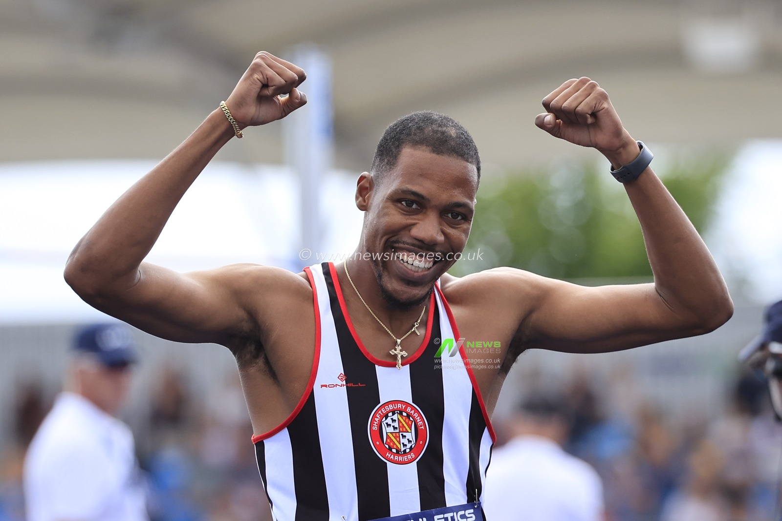 Zharnel Hughes celebrates winning the menâ€™s 200m final during the UK Athletics Championships at Manchester Regional Arena, Manchester, United Kingdom, 9th July 2023

(Photo by Conor Molloy/News Images)