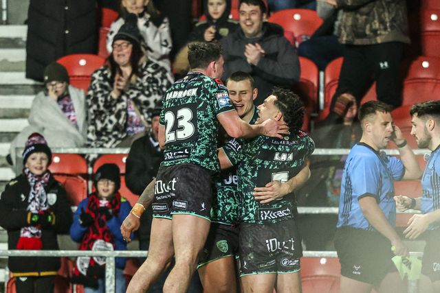 Innes Senior of Leigh Leopards celebrates his try during the Betfred Super League match St Helens vs Leigh Leopards at The BrewDog Stadium, St Helens, United Kingdom on 20 February 2026

(Photo by Alfie Cosgrove/News Images)