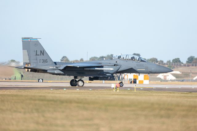 A USAF F15 assigned to the 48th Fighter Wing conducts a combat readiness exercise at RAF Lakenheath, Lakenheath, United Kingdom, 28th August 2025

(Photo by Seth Rose/News Images)