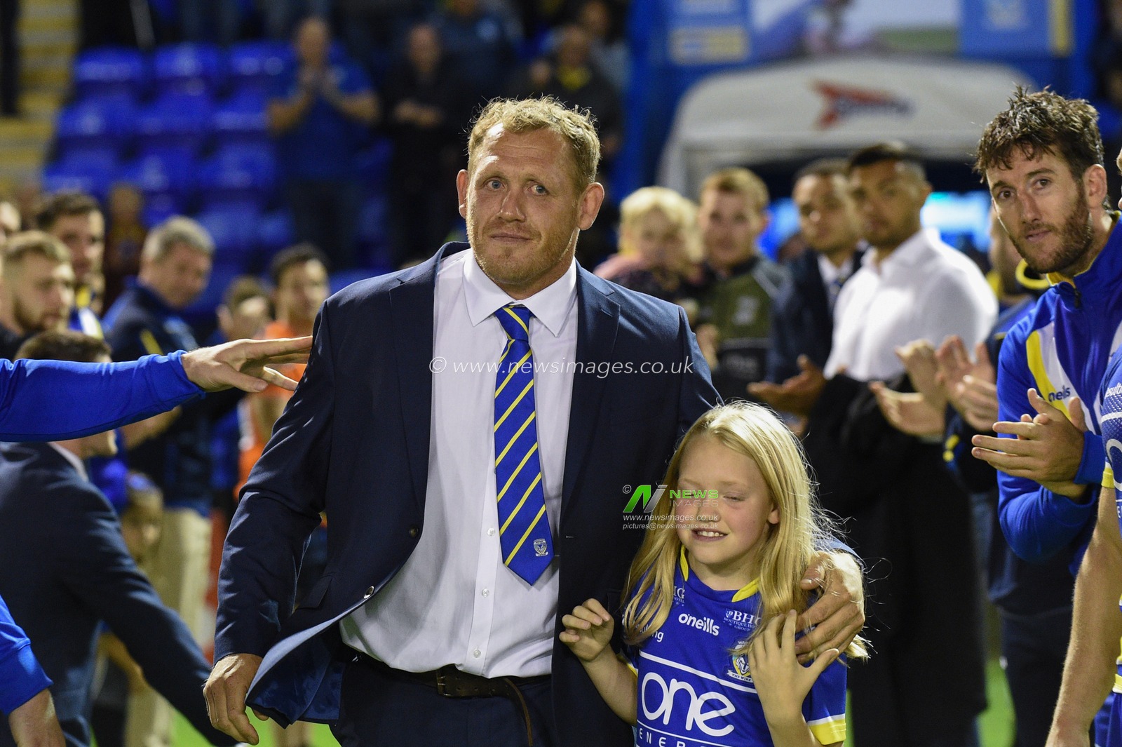 6th September 2019 , Halliwell Jones Stadium, Warrington, England;  Betfred Super League Rugby, Round 28, Warrington Wolves vs Wakefield Trinity ; An emotional Ben Westwood says farewell to Warrington Wolves with his daughter

Credit: Richard Long/News Images