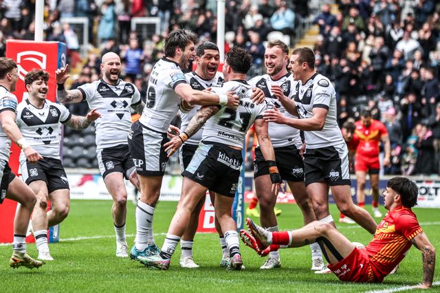 Arthur Romano of Hull FC celebrates his try during the Betfred Super League round 6 match Hull FC vs Catalans Dragons at MKM Stadium, Hull, United Kingdom on 29 March 2026

(Photo by Alfie Cosgrove/News Images)