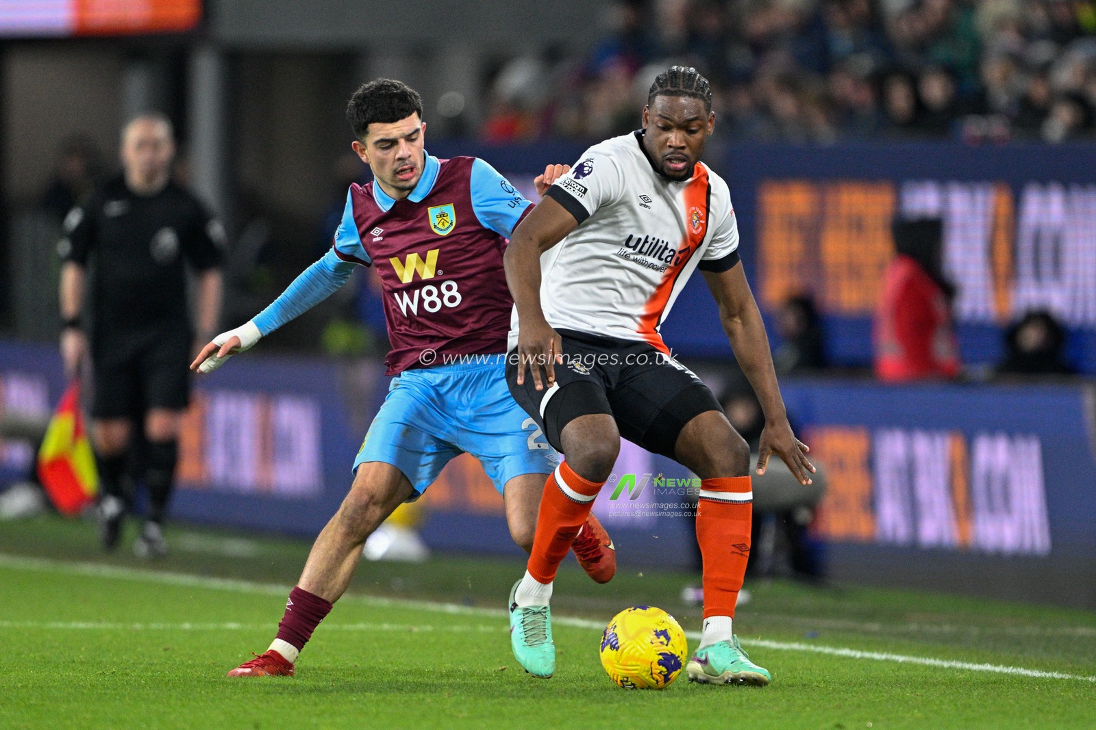Zeki Amdouni of Burnley and Teden Mengi of Luton Town battle for the ball during the Premier League match Burnley vs Luton Town at Turf Moor, Burnley, United Kingdom, 12th January 2024

(Photo by Cody Froggatt/News Images)