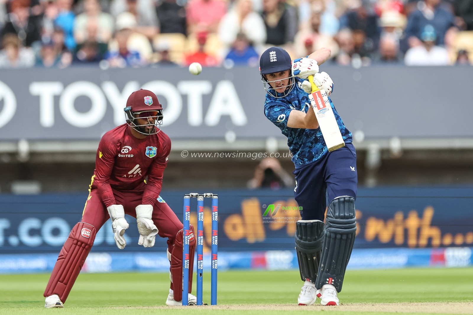 England captain Harry Brook hits the ball for two runs during the 1st Metro Bank ODI England vs West Indies at Edgbaston, Birmingham, United Kingdom, 29th May 2025

(Photo by Mark Cosgrove/News Images)