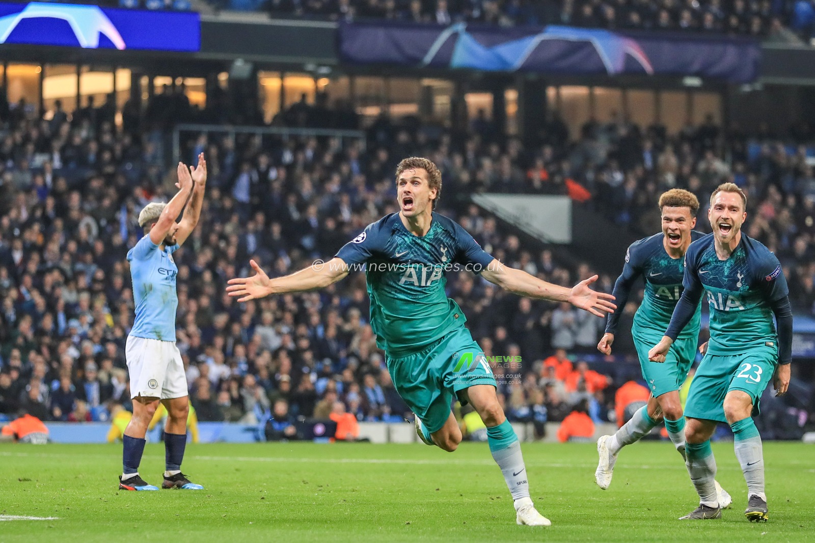 17th April 2019 , Etihad Stadium, Manchester, England; UEFA Champions League, Quarter Final, Second Leg, Manchester City v Tottenham ; Fernando Llorente (18) of Tottenham celebrates his goal to make it 4-3


Credit: Mark Cosgrove/News Images