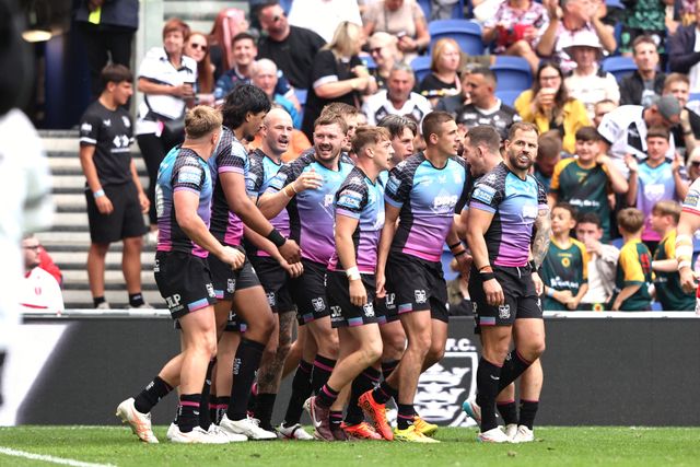 Tom Briscoe of Hull FC celebrates his try during the Betfred Super League Magic Weekend match Hull KR vs Hull FC at Hill Dickinson Stadium, Liverpool, United Kingdom on 04 July 2026

(Photo by Alfie Cosgrove/News Images)