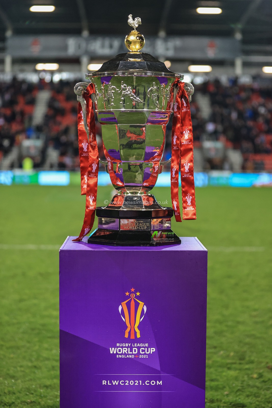 The Rugby League World Cup is on display at the Totally Wicked Stadium during the half time break