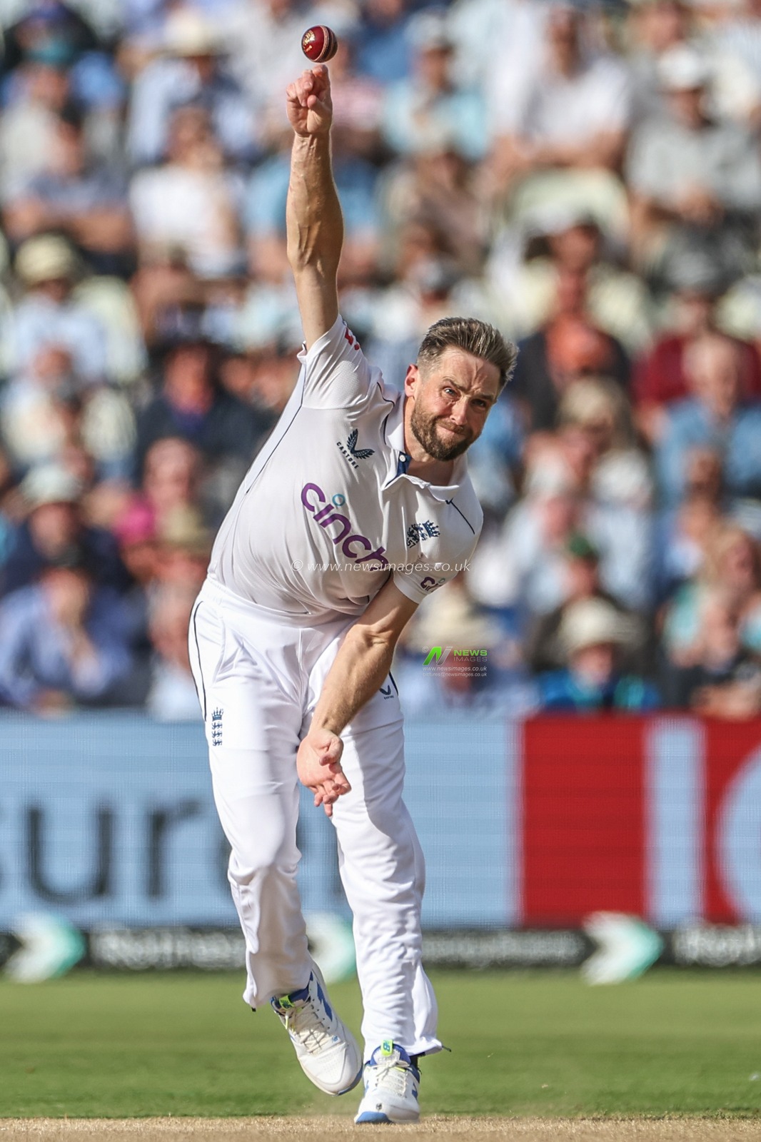Chris Woakes of England delivers the first ball of West Indies second innings during Day Two of the Rothesay Test match England vs West Indies at Edgbaston, Birmingham, United Kingdom, 27th July 2024

(Photo by Mark Cosgrove/News Images)
