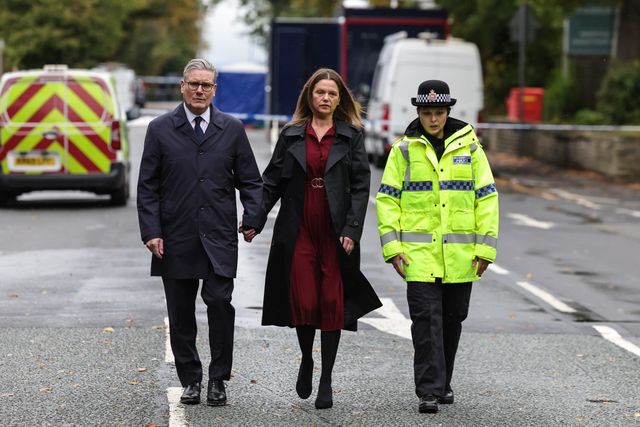 Sir Keir Starmer, Prime Minister of the United Kingdom of Great Britain and Northern Ireland and his wife Victoria, Lady Starmer attend the scene as they pay their respects during the Manchester synagogue terror attack day 2 at Heaton Park Shul, Manchester, United Kingdom, 3rd October 2025

(Photo by Mark Cosgrove/News Images)