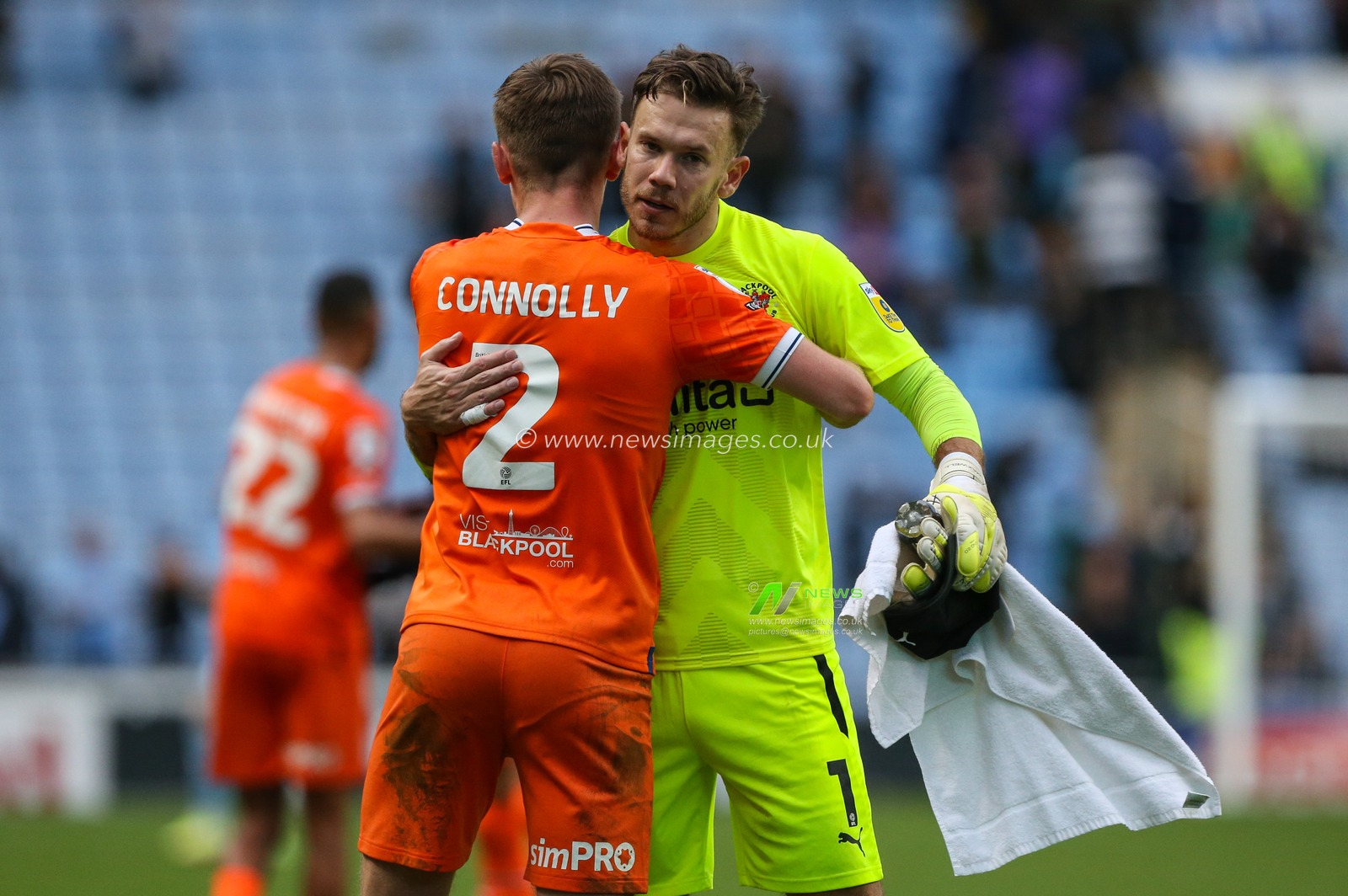 Callum Connolly #2 of Blackpool  and Chris Maxwell #1 of Blackpool  embrace at the final whistle during the Sky Bet Championship match Coventry City vs Blackpool at Coventry Building Society Arena, Coventry, United Kingdom, 29th October 2022

(Photo by Arron Gent/News Images)