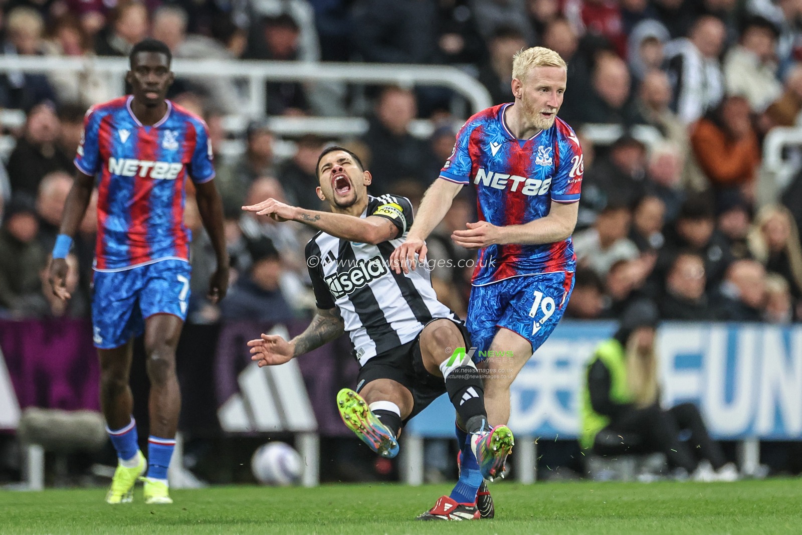 Bruno GuimarÃ£es of Newcastle United is fouled by Will Hughes of Crystal Palace during the Premier League match Newcastle United vs Crystal Palace at St. James's Park, Newcastle, United Kingdom, 16th April 2025

(Photo by Mark Cosgrove/News Images)