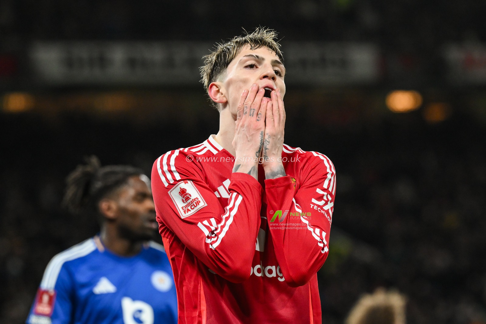 Alejandro Garnacho of Manchester United reacts to a missed chance on goal during the Emirates FA Cup Fourth Round match Manchester United vs Leicester City at Old Trafford, Manchester, United Kingdom, 7th February 2025

(Photo by Craig Thomas/News Images)