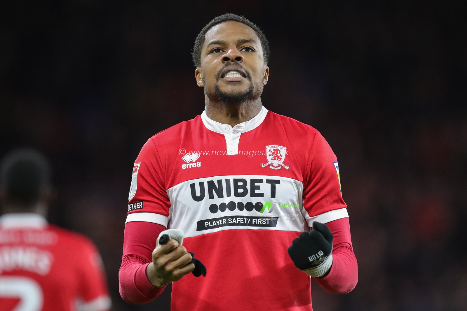 Chuba Akpom #29 of Middlesbrough pumps his fists in front of the Middlesbrough supporters after scoring his second goal during the Sky Bet Championship match Middlesbrough vs Wigan Athletic at Riverside Stadium, Middlesbrough, United Kingdom, 26th December 2022

(Photo by James Heaton/News Images)