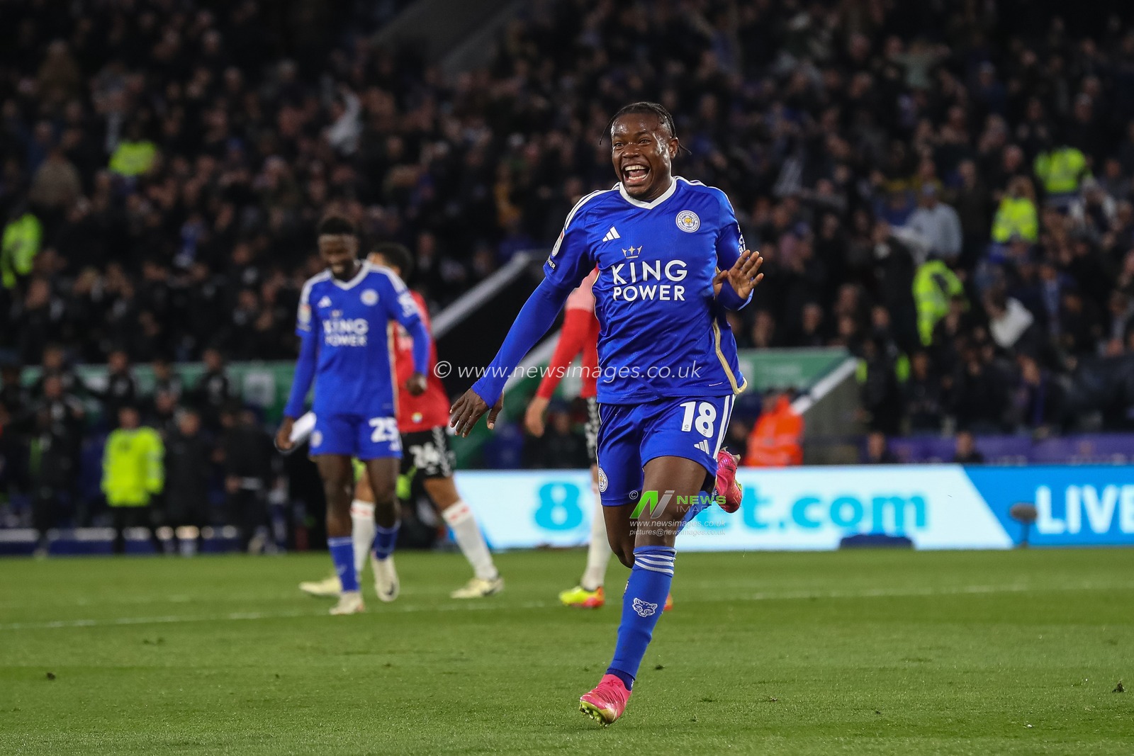 Abdul Fatawu of Leicester City celebrates his goal to make it 1-0 during the Sky Bet Championship match Leicester City vs Southampton at King Power Stadium, Leicester, United Kingdom, 23rd April 2024

(Photo by Gareth Evans/News Images)