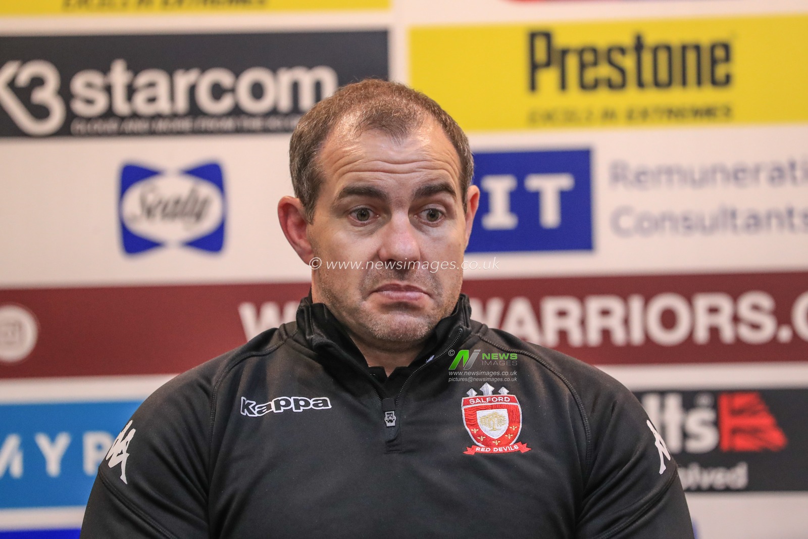 4th October 2019, DW Stadium, Wigan, England; Betfred Super League Semi Final, Wigan Warriors v Salford Red Devils : Ian Watson head coach of Salford Red Devils speaks to the press after booking their place in the Grand Final with St Helens after knowing out Wigan 4-28

Credit: Mark Cosgrove/News Images