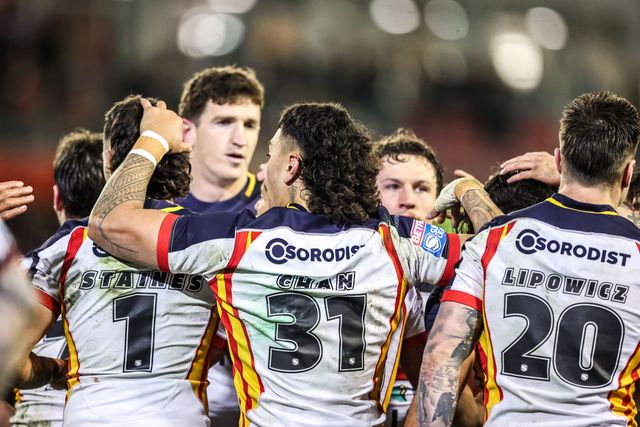 Charlie Staines of Catalans Dragons celebrates his try during the Betfred Super League match Leigh Leopards vs Catalans Dragons at Leigh Sports Village, Leigh, United Kingdom on 06 March 2026

(Photo by Alfie Cosgrove/News Images)