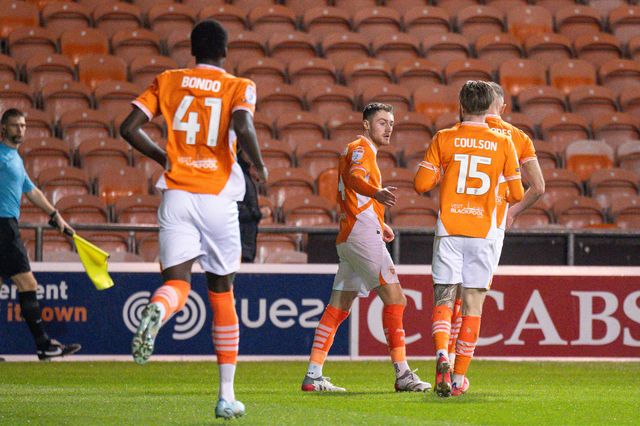 Elliot Embleton of Blackpool celebrates his goal to make it  1-0 during the The Vertu Trophy match Blackpool vs Aston Villa U21 at Bloomfield Road, Blackpool, United Kingdom, 17th December 2024

(Photo by Craig Thomas/News Images)