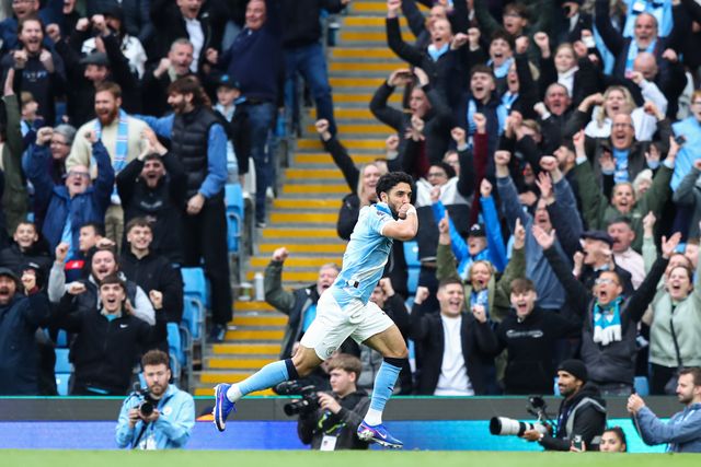 Omar Marmoush of Manchester City celebrates his goal to make it 3-0 during the Premier League match Manchester City vs Brentford at The City in the Community Etihad Stadium, Manchester, United Kingdom on 09 May 2026

(Photo by Jorge Horsted/News Images)