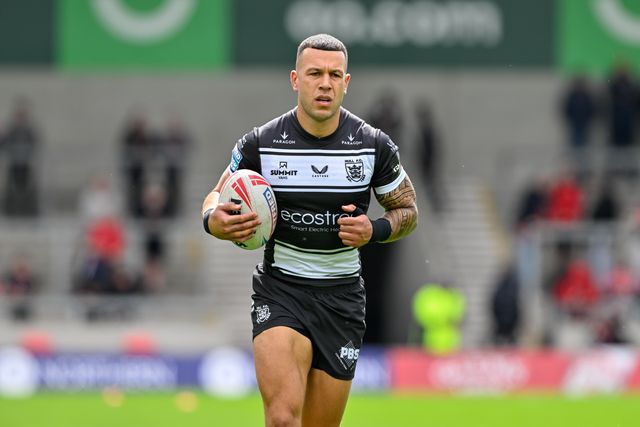 Carlos Tuimavave Hull FC warms up ahead of the Betfred Super League Round 16 match Salford Red Devils vs Hull FC at Salford Community Stadium, Eccles, United Kingdom, 7th July 2024

(Photo by Cody Froggatt/News Images)