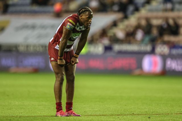 Junior Nsemba of Wigan Warriors during the Betfred Super League round 20 match Wigan Warriors vs Catalans Dragons at The Brick Community Stadium, Wigan, United Kingdom, 25th July 2025

(Photo by Alfie Cosgrove/News Images)