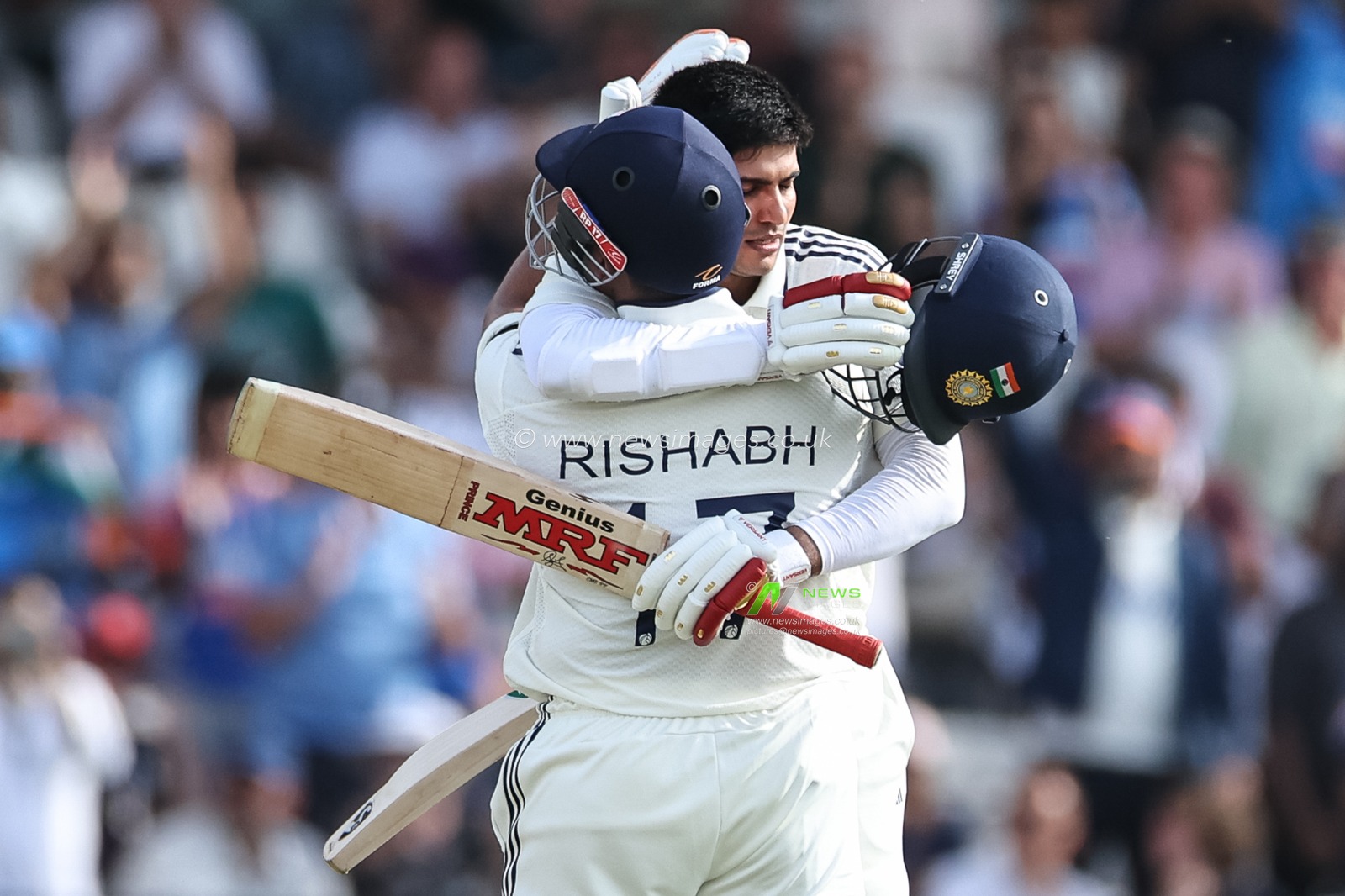 India captain Shubman Gill celebrates a century (100 runs) with Rishabh Pant of India during the 1st Rothesay Test Match Day 1 England vs India at Headingley Cricket Ground, Leeds, United Kingdom, 20th June 2025

(Photo by Mark Cosgrove/News Images)