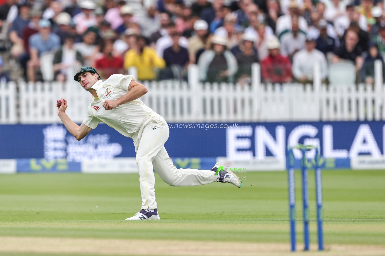 Pat Cummings of Australia  throws the ball back to the stumps but misses during the LV= Insurance Ashes Test Series Second Test Day 5 England v Australia at Lords, London, United Kingdom, 2nd July 2023

(Photo by Mark Cosgrove/News Images)