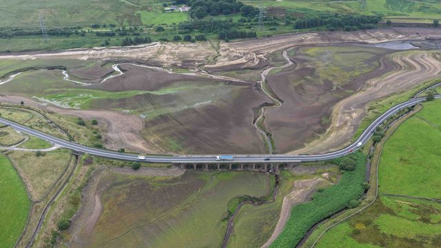 Woodhead Reservoir walter levels drop to one of the lowest points in recent times as grass and other plants start to grow on the Reservoir silt bed at Woodhead, Glossop, United Kingdom, 31st July 2025

(Photo by Mark Cosgrove/News Images)