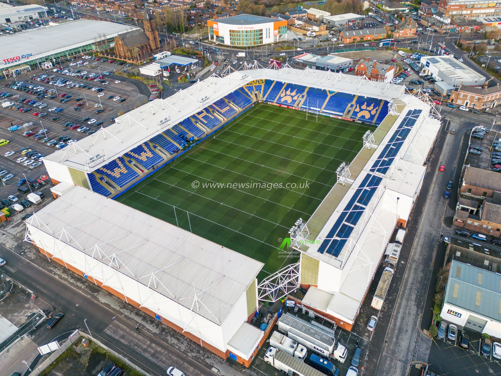 General aerial view of The Halliwell Jones Stadium, Home of Warrington Wolves ahead of the Betfred Super League Round 1 match Warrington Wolves vs Leeds Rhinos at Halliwell Jones Stadium, Warrington, United Kingdom, 16th February 2023

(Photo by Craig Thomas/News Images)