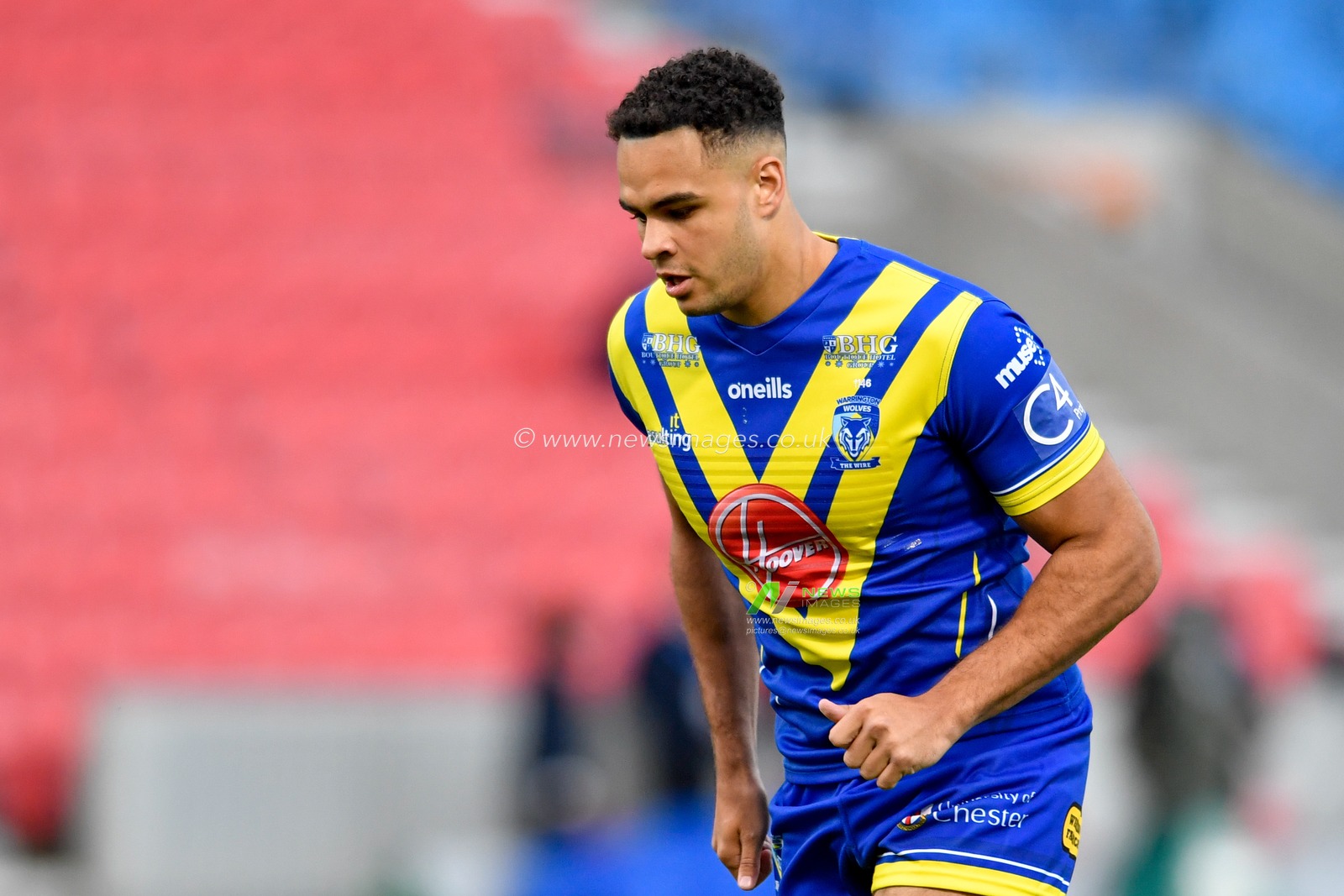 Luis Johnson (22) of Warrington Wolves during the pre-game warm up