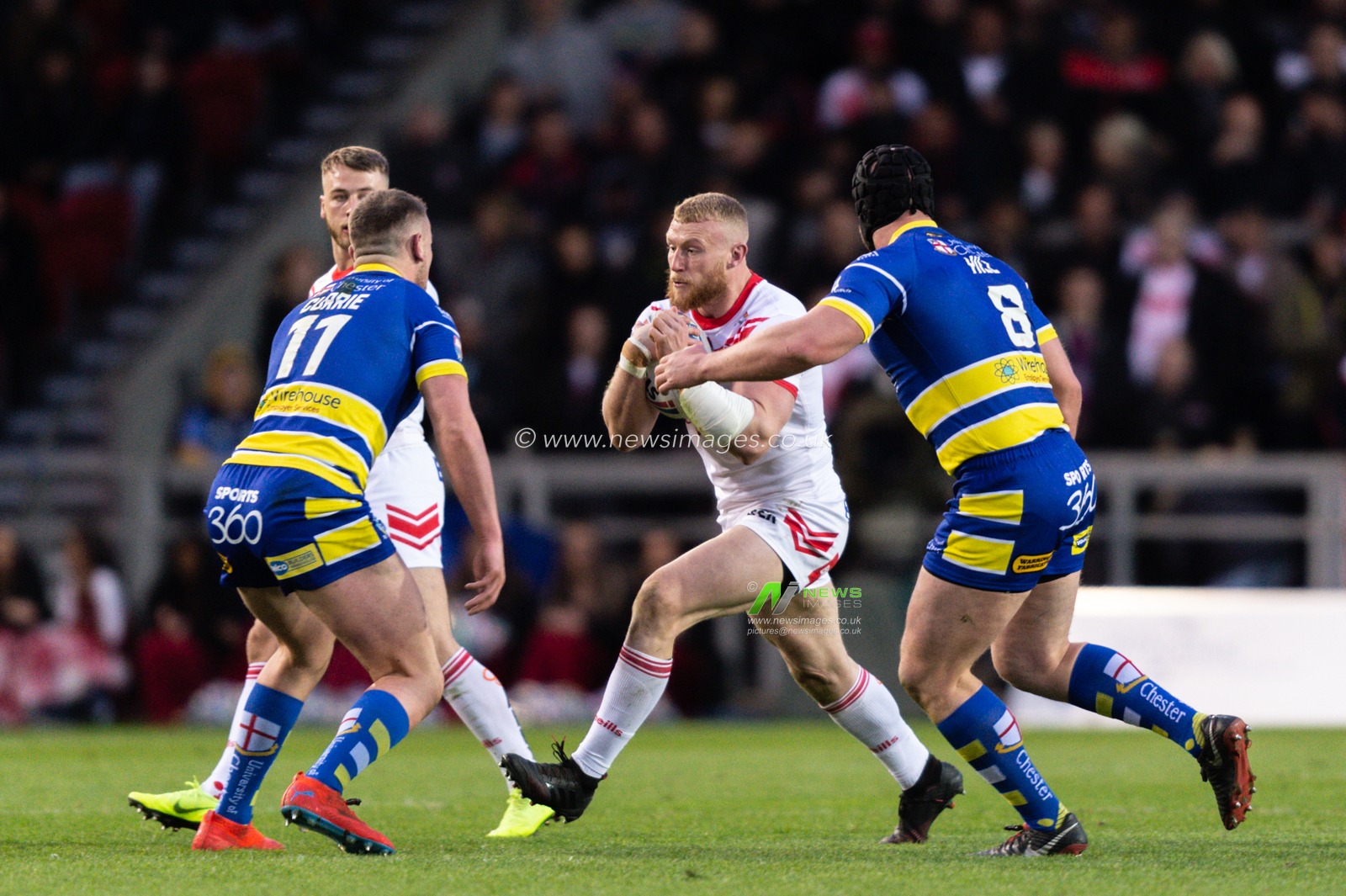 12th April 2019 , Totally Wicked Stadium, St Helens, England;  Betfred Super League, Round 10, St Helens vs Warrington Wolves,  Luke Thompson of St Helens runs the ball during the game at the Totally Wicked Stadium.

Credit: Richard Long/News Images